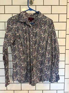 J. Crew Navy Floral Button-Down Shirt with White and Red Accents
